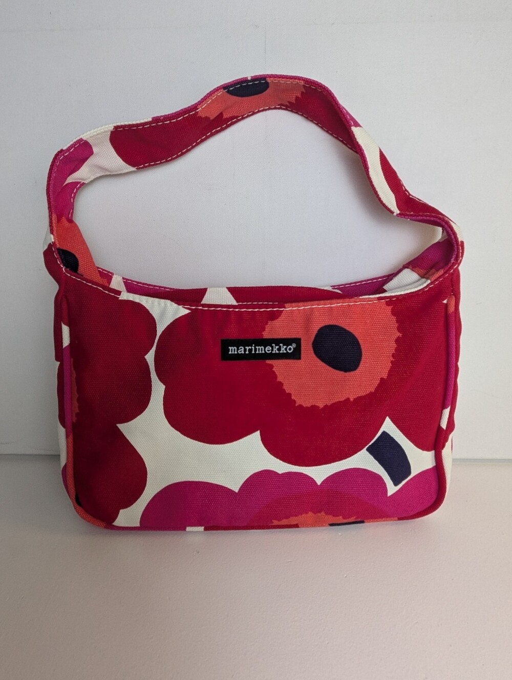 Marimekko Unikko Floral Canvas Cotton Shoulder Bag Zip Small Red Pink White EUC